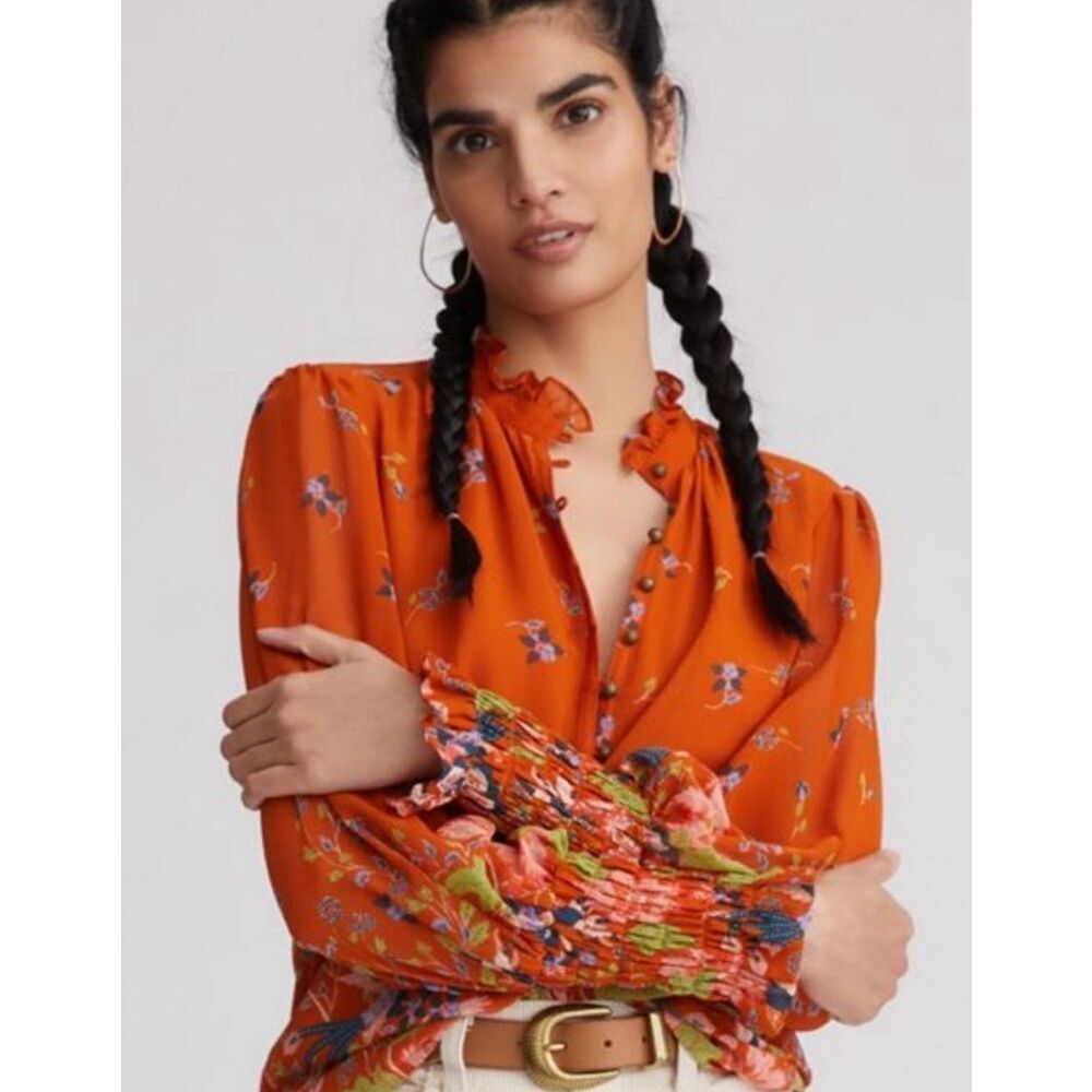Anthropologie Orange Floral Peasant Blouse Large Button Detail Spring